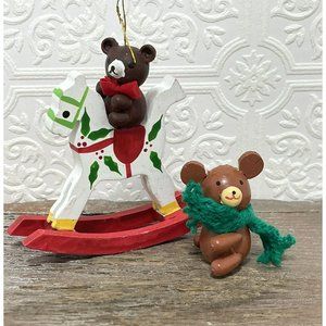 Set Of 2 Teddy Bear Ornaments - Brown Wooden Wood Miniature Ornament
